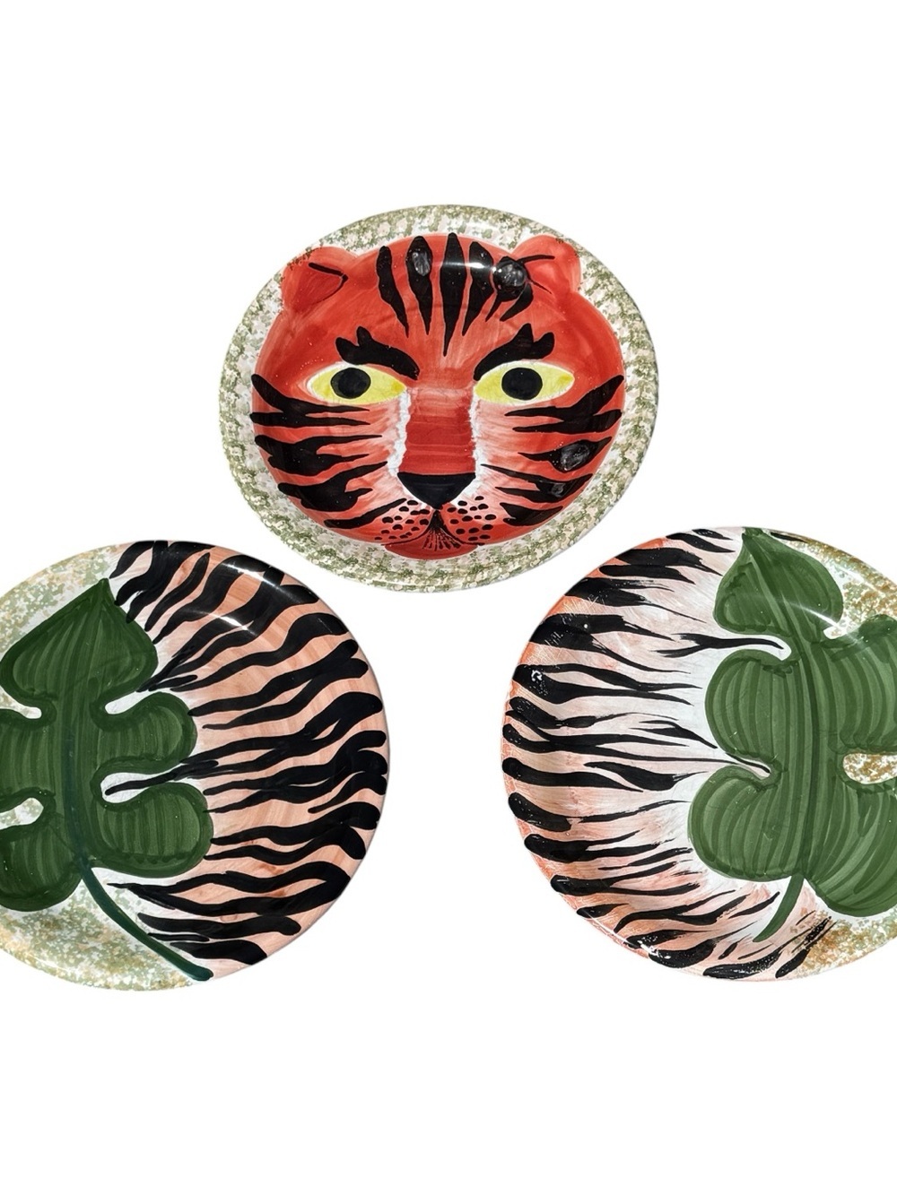 Bellini Warnecke Italy Jungle Safari Tiger Face & Zebra Leaf Plates Hand Painted